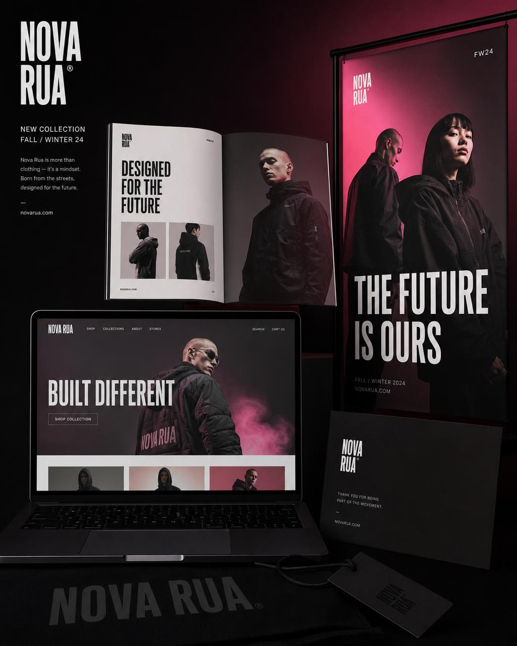 Projeto conceitual de campanha para loja de roupas: catálogo, banner e site